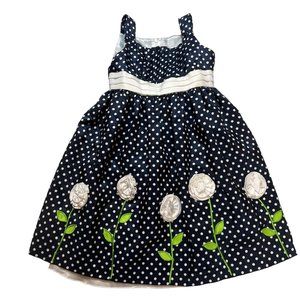 American Princess Dress Girl 6 Navy White Polka Dot Flower Puff Sleeveless Gown